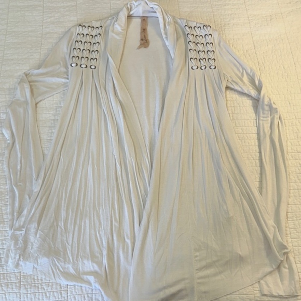 Anthropologie Bailey 44 XS Cardigan Cream White Open Front Embellished Soft